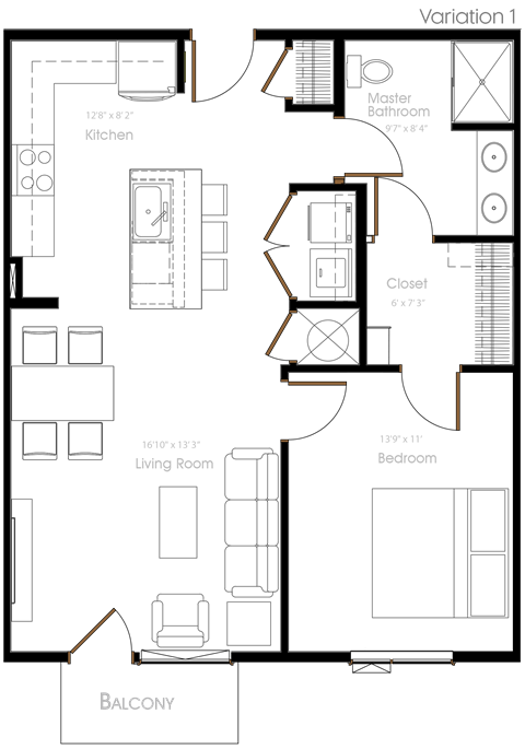 Floor plan for 1 bed, 1 bath, 734 sqft